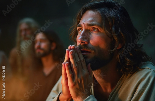Jesus in prayer with some of his disciples in the background