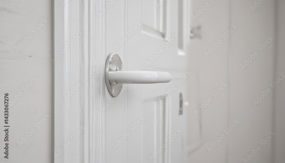 Close-up of pristine white door, subtle handle , detail, architecture, object Close-up of pristine white door, subtle handle , detail, architecture, object