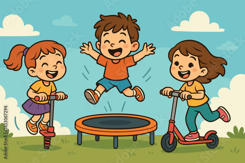 Outdoor playtime icons set – flat style kids activities and fun equipment symbols for recreation: trampoline, scooter, pogo stick, kite, skateboard, swing, slide.