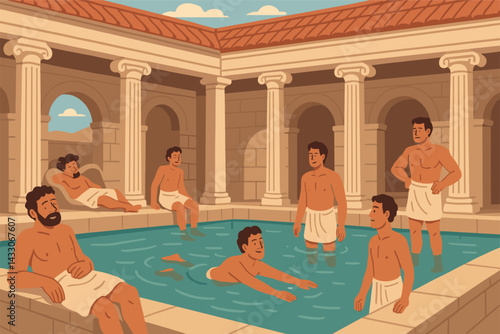Ancient roman bathhouse icons set – linear style history, architecture, and culture symbols for educational use: bathhouse, columns, toga, pool, mosaics, arches, relaxation, antiquity.