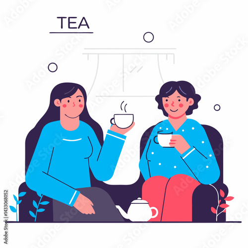 Two women drinking tea together in cozy room illustration