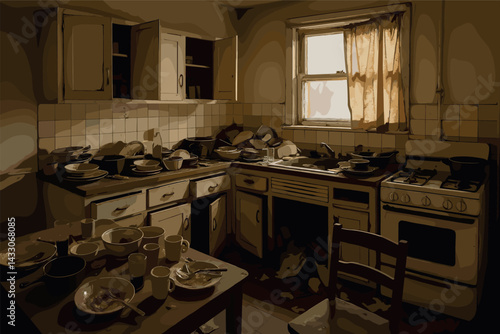 Home kitchen disaster icons - flat style cooking, cleanup, and crisis symbols for emergency planning: broken dishes, burned stove, overflowing sink, spilled sauce, dirty oven, broken window, cracked