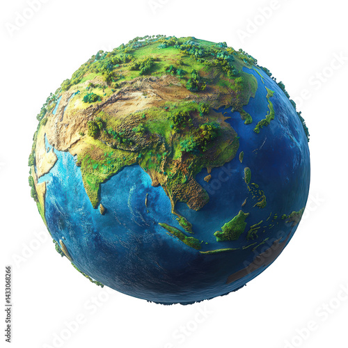 Fototapeta Naklejka Na Ścianę i Meble -  Stunning 3d detailed earth globe showing asia green lush terrain map blue on transparent background