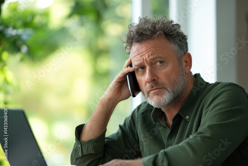 Worried man with phone and laptop