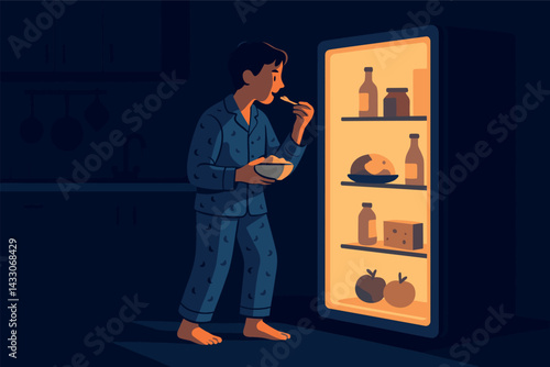 Nighttime snack adventures icon set – flat style midnight, kitchen, and fridge elements for evening design: person, refrigerator, bowl, food items, night, home, light.