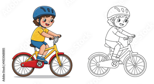 Child on Bicycle: A cheerful child wearing a helmet happily rides a bicycle. The image includes a color version and a line art version, perfect for coloring books or educational materials.
