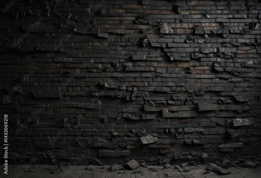 Fototapeta premium Dark, textured black brick wall; crumbling mortar, ominous atmosphere , shadow, ruined, contrast