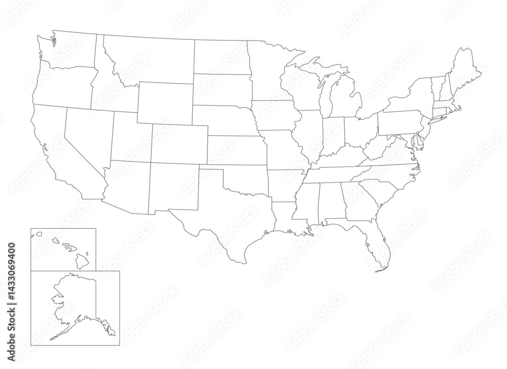 Obraz premium A map of the United States divided into states. The United States of America is divided into the administrative borders of the states.