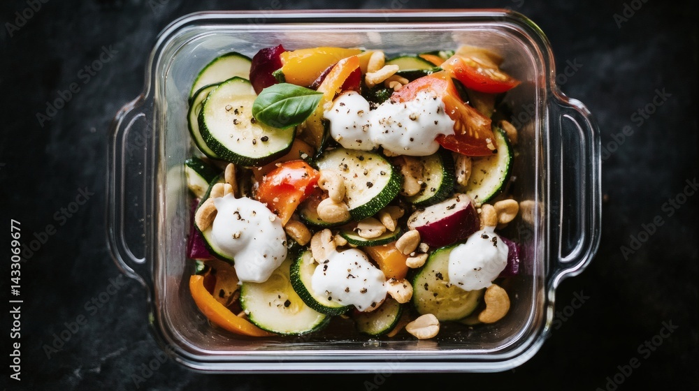 Vegetable salad container with zucchini, peppers, and cashews, packed for easy transport. Vegetable salad container with zucchini, peppers, and cashews, packed for easy transport.