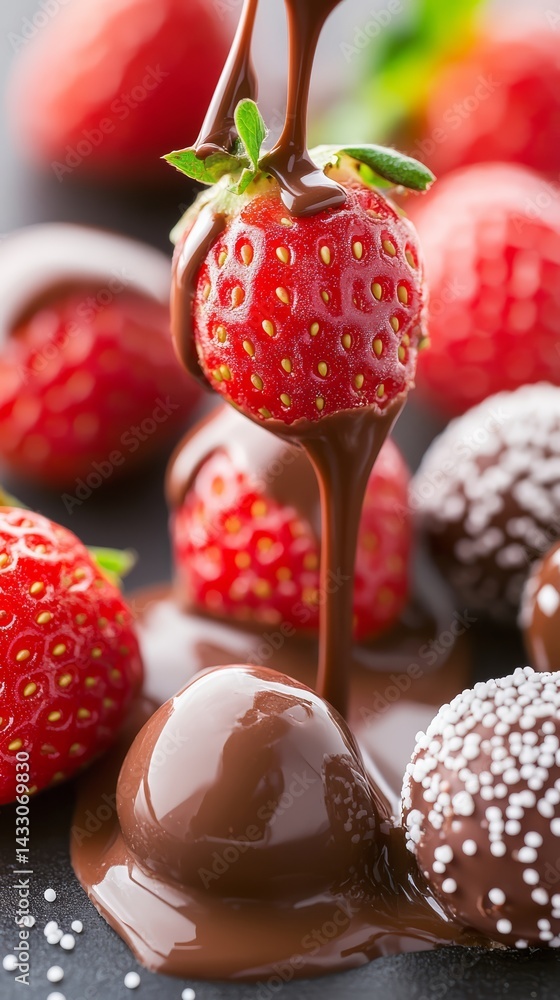 Fresh Ripe Strawberries Being Drizzled with Melted Chocolate in Close-Up Dessert Macro Shot