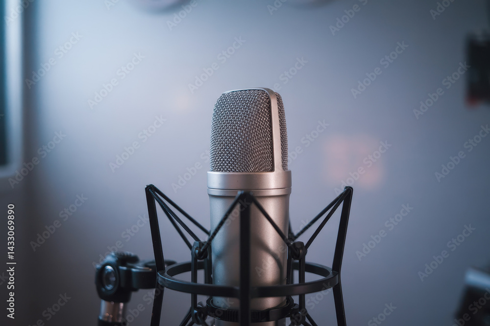 Professional Silver Microphone Set Against a Soft Blurred Background in Calm Blue Tones Professional Silver Microphone Set Against a Soft Blurred Background in Calm Blue Tones