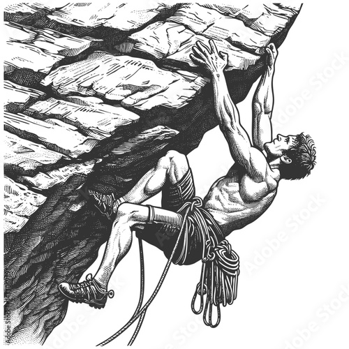muscular man alpinist rock climbing on a steep cliff, gripping rugged rocks with determination and strength sketch engraving generative ai vector illustration. Scratch board. Black and white image.