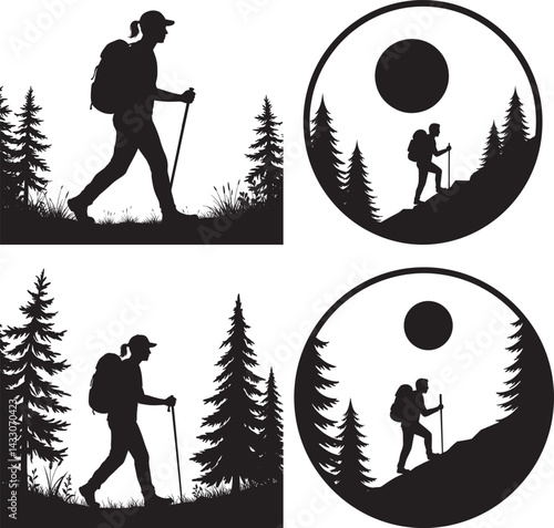 Forest Hiking Silhouette Outdoor Trekker Graphic Hiking in Woods Illustration