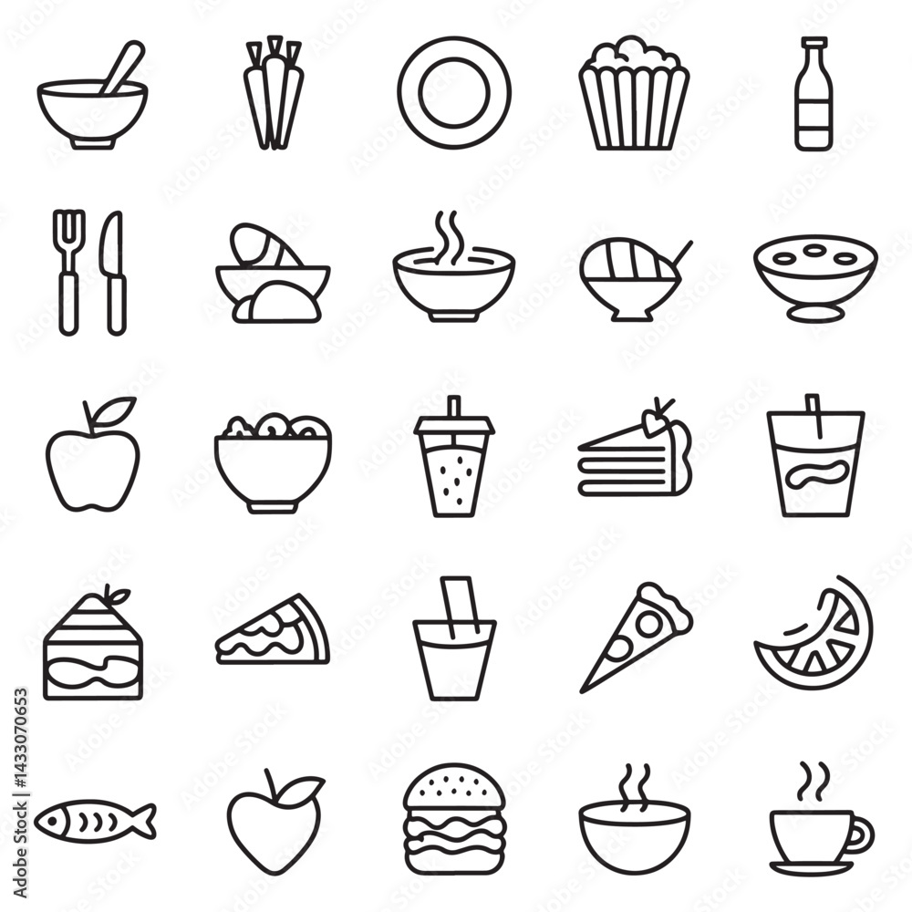 Restaurant Line Icons, Food and Drink Line Editable Icons set. Vector illustration in thin line style of nutrition related icons: vegetables, fruits, desserts, meat, baked goods, drinks, and more. Restaurant Line Icons, Food and Drink Line Editable Icons set. Vector illustration in thin line style of nutrition related icons: vegetables, fruits, desserts, meat, baked goods, drinks, and more.