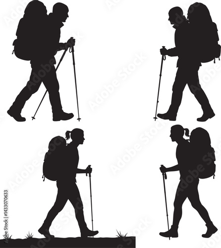 Hikers with Trekking Poles Backpacking Adventure Silhouettes Trekking Silhouette Graphic