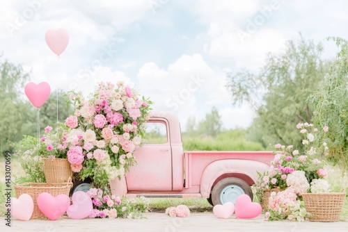 Vintage Pink Truck Overflowing with Roses and Balloons in Whimsical Spring Floral Garden Scene