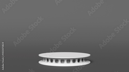 White podium with columns turning on grey background 3d loopable display background