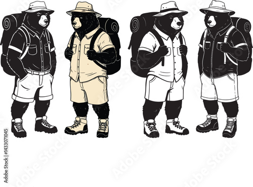 Hiking Bear Characters Outdoor Adventure Bear with Backpack Illustration Cartoon Bear Hiker