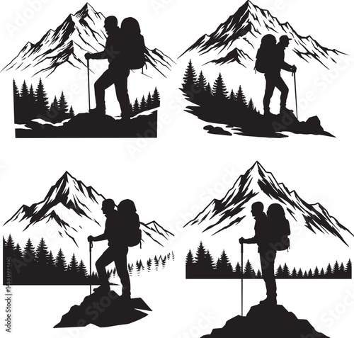 Hiking in Mountains Silhouette Hiker with Backpack Illustration
