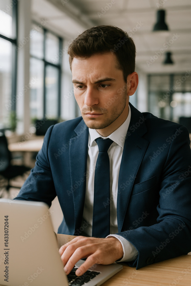 Jeune homme en costume travaillant sur un ordinateur portable dans un bureau moderne, concentré sur des tâches administratives ou financières dans un environnement lumineux Jeune homme en costume travaillant sur un ordinateur portable dans un bureau moderne, concentré sur des tâches administratives ou financières dans un environnement lumineux