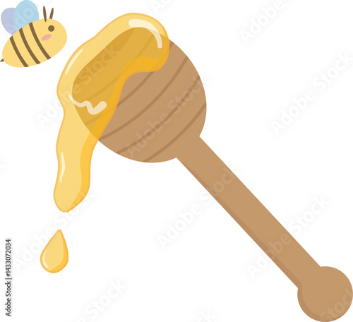 Spring and gardening concept. Honey dipper with yellow sweet honey and happy cute bees on white background. Vector illustration flat design.