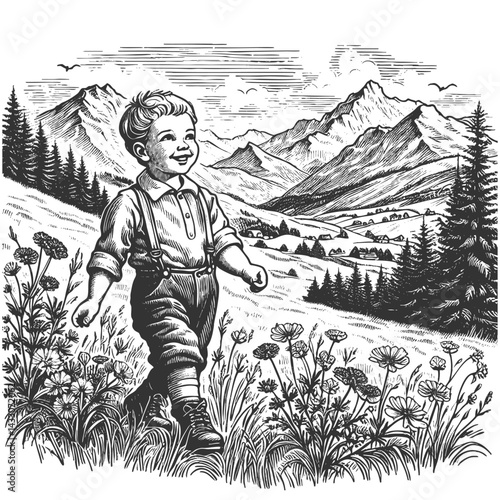 cheerful young boy strolling through a mountain meadow near a rustic wooden farmhouse in the Alps sketch engraving generative ai vector illustration. Scratch board imitation. Black and white image.