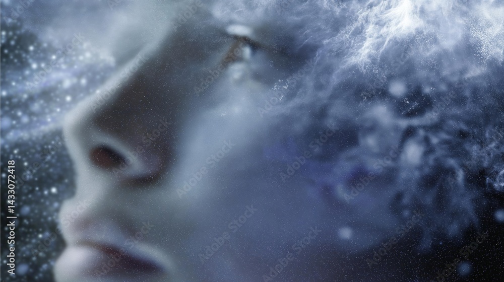 Close-up of a woman's face, with her eyes closed and her head tilted slightly to the side. Close-up of a woman's face, with her eyes closed and her head tilted slightly to the side.