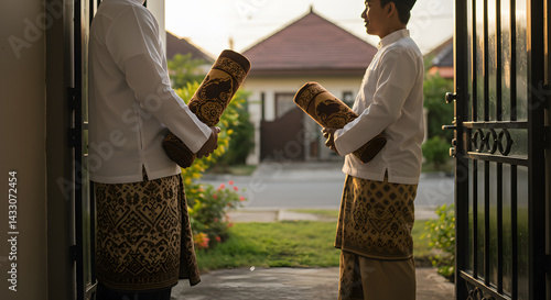 Two Men in Batik Sarongs Exchange Prayer Mats at Sunset