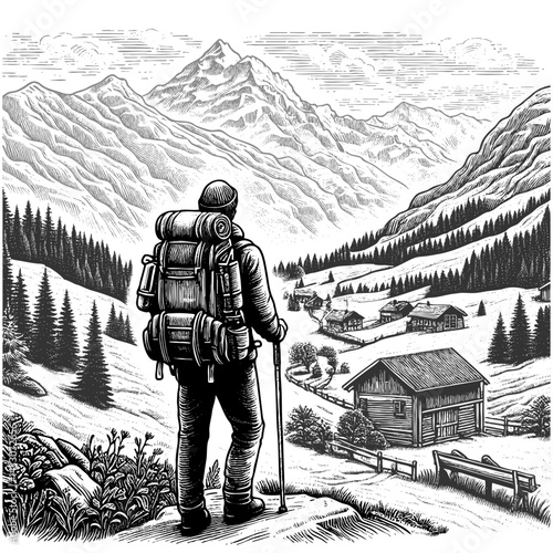 hiker standing on alpine mountain ridge, gazing at a scenic valley and lake, evoking adventure and exploration sketch engraving generative ai vector illustration. Scratch board. Black and white image.