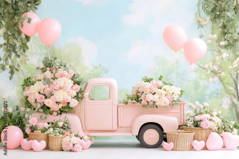 Vintage Pink Truck Overflowing with Roses and Balloons in Whimsical Spring Floral Garden Scene