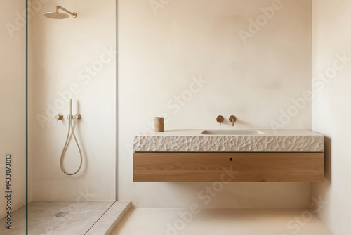 Minimalist bathroom with textured stone sink and walk-in shower