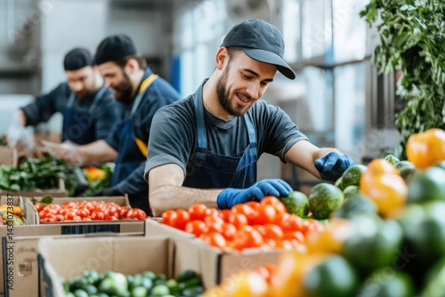 Fototapeta Naklejka Na Ścianę i Meble -  Industrial workers sorting fruits in food plant