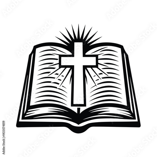 Open Book with Christian Cross Silhouette and Light Rays, Illustration. Isolated