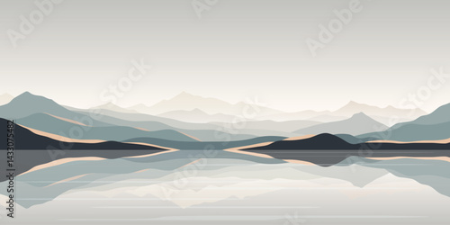 Mountain lake at dawn, minimalist landscape, morning light, scenic reflection, vector illustration