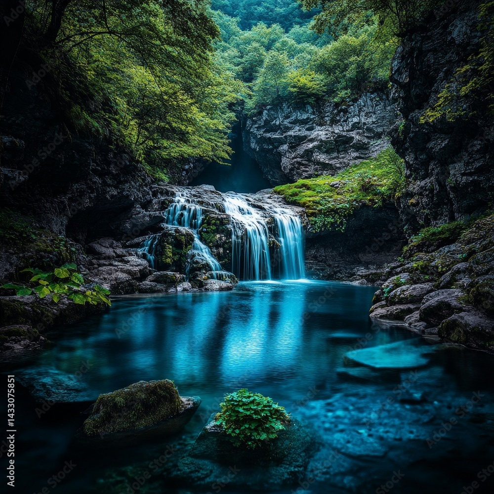 Fototapeta premium Serene Waterfall Cascading Over Rocks into a Turquoise River