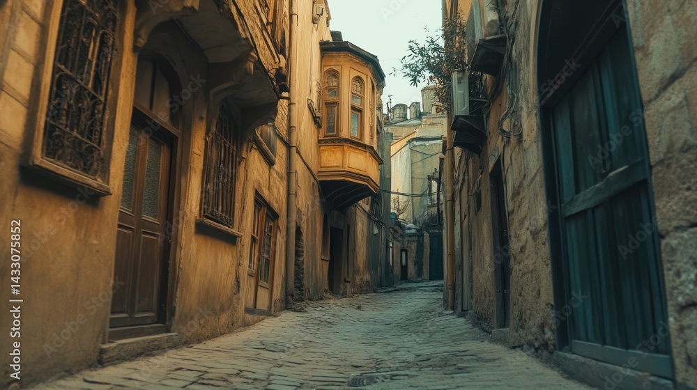 Obraz premium Cobblestone alleyway, old city, sunset, architecture, travel