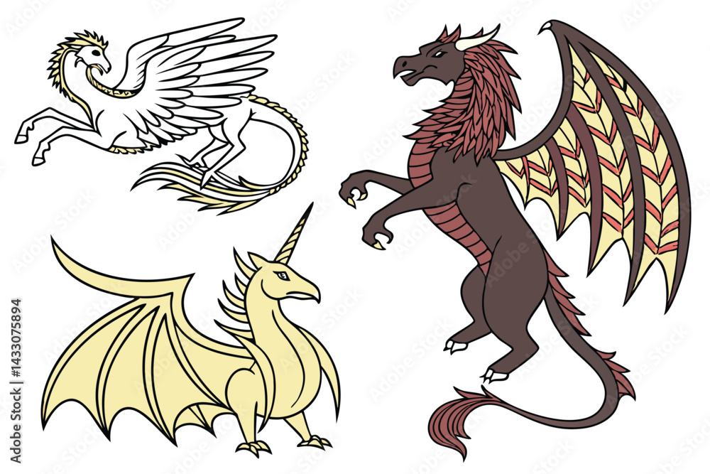 Naklejka premium Fantasy Mythical Creatures Illustration Featuring Dragon, Phoenix, Pegasus, and Unicorn