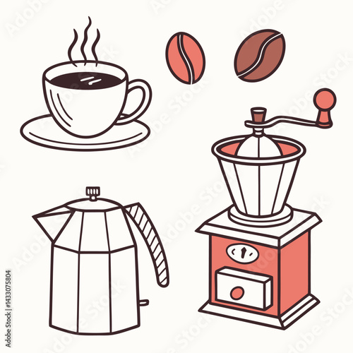 Vintage Coffee Set Illustration: Cup, Beans, Grinder.