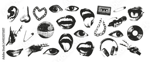 
Trendy halftone monochrome photocopy lips, mouth, eyes, disco ball, headphones, chain effect. Grunge punk dots texture. Vector illustration for vintage music poster or banner.