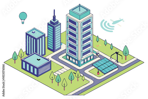 Modern Isometric Smart City Illustration with Buildings and Technology Elements