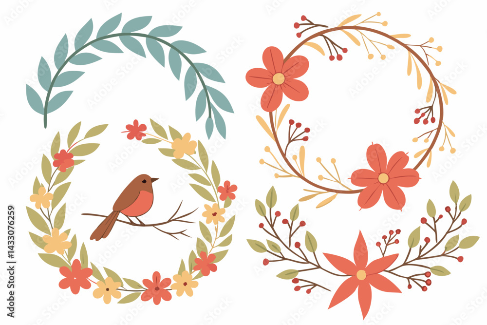 Floral Wreaths with Bird and Leaves Vector Collection Floral Wreaths with Bird and Leaves Vector Collection