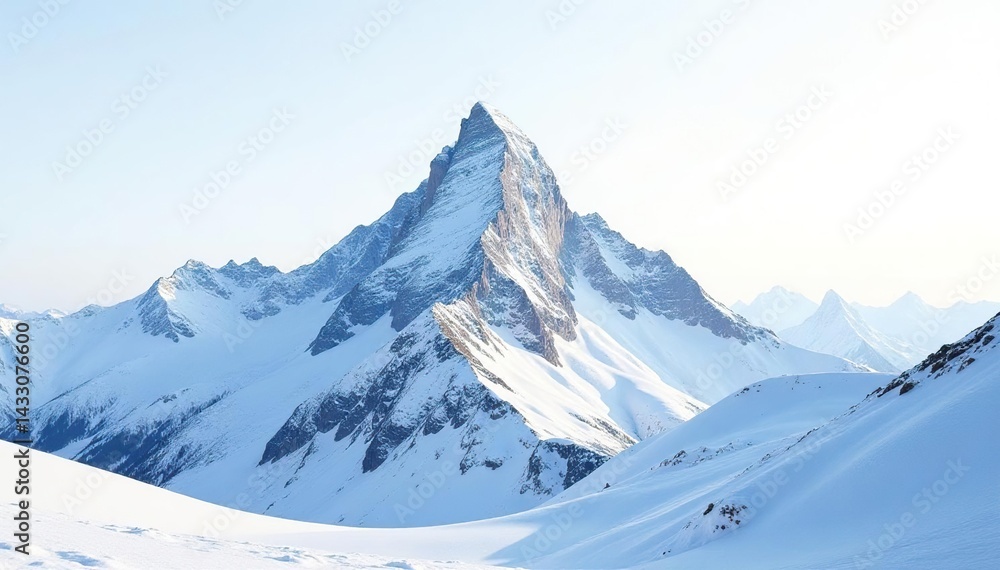 Obraz premium Snow-covered mountain peak against bright white sky, cold, peak, travel