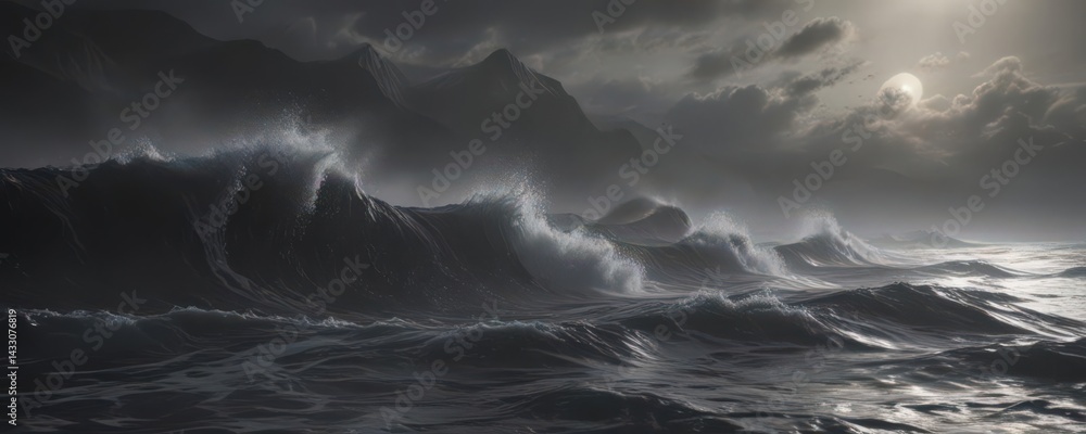 Fototapeta premium Ethereal mist ascends from inky black ocean waves, soft focus , elegant, mist, water