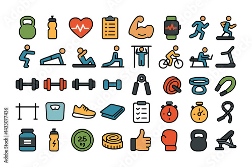 Fitness and exercise icons set – flat style gym and workout symbols for health enthusiasts: dumbbell, treadmill, heart rate, yoga mat, stopwatch, cycling, boxing glove
