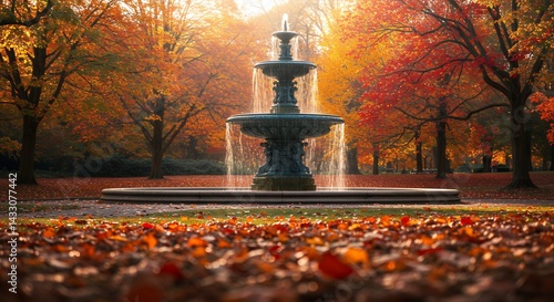 Fototapeta Naklejka Na Ścianę i Meble -  Autumn park fountain colorful fall leaves