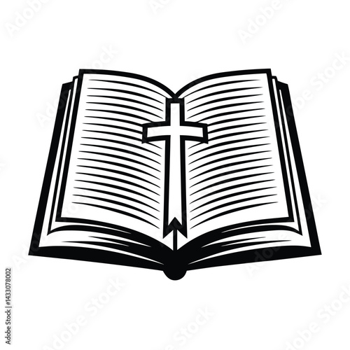 Open Book with Cross. Black and White Detailed Design. Symbol