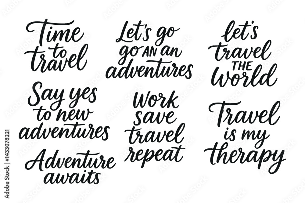 Adventure and travel phrase icons set – isometric style inspirational and wanderlust quotes for explorers: time to travel, let's go adventure, say yes to adventures, travel therapy Adventure and travel phrase icons set – isometric style inspirational and wanderlust quotes for explorers: time to travel, let's go adventure, say yes to adventures, travel therapy