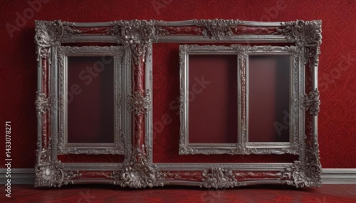 Intricately carved silver frames against deep red damask ,  vintage background,  ornate