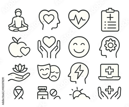 Wellness and mental health icons set – outline style for mindfulness, self-care, and emotion support: meditation, mental health, heart, clipboard, apple, smile, therapy