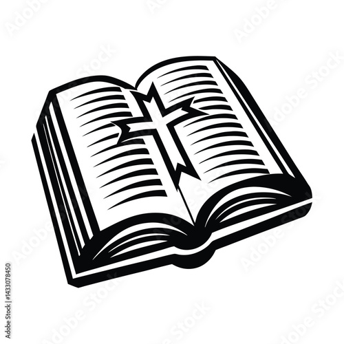 Isolated Open Book with Cross Symbol, Black and White, Simple, Minimalist Style Design